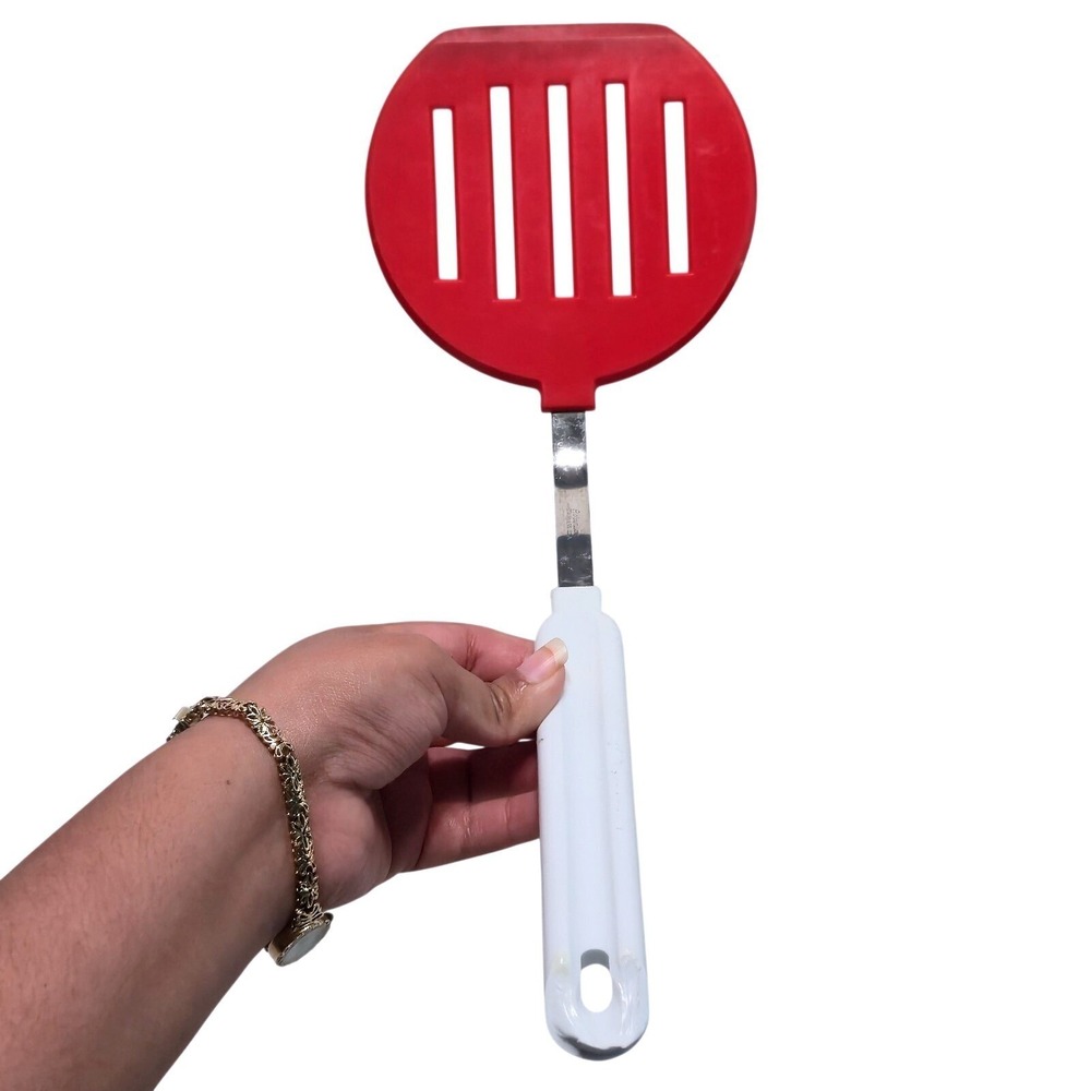Vintage Robinson Stainless USA Red Slotted Spatula‎ Turner White Plastic Handle